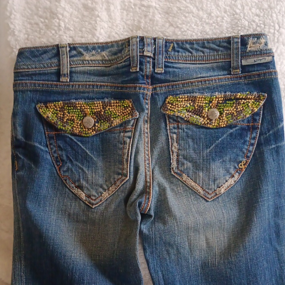 JC Robertson Style Embellished Blue Distressed Jeans..labeled 27 But Runs 30